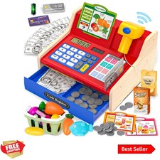 Rechargeable Wooden Cash Register for Kids, Pretend Play Calculator Cash Regi...