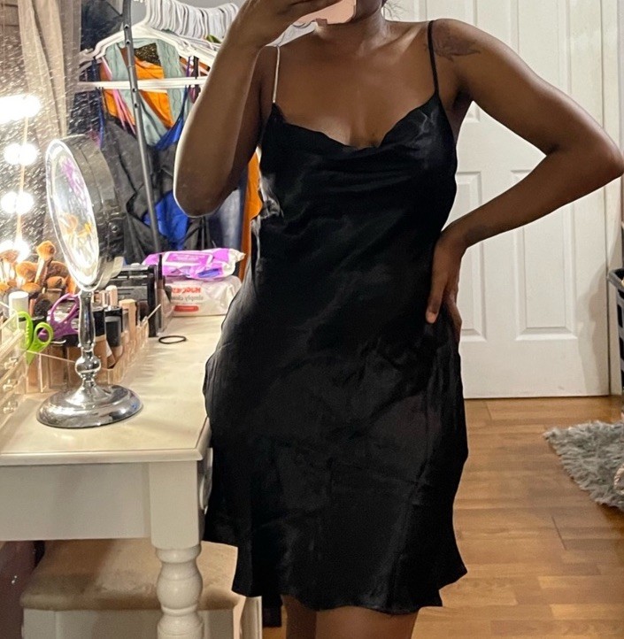 knee length dresses for ladies Strappy Black Satin Slip Dress main image 0