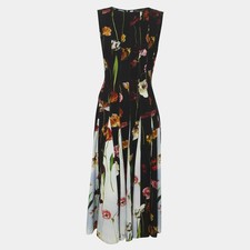 Oscar de la Renta Multicolor Floral Contrast Inset Pleated Crepe Midi Dress S