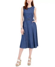 Tommy Hilfiger DENIM CHAMBRAY SLEEVELESS MIDI DRESS Belted Cotton Womens 8