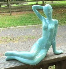 1980 JARU Blue Pottery Modern Art Nude Woman Sitting Abstract Sculpture