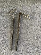 Vintage Hair Stick Asian Black Lacquer MOP Dangle Bead Rhinestone Lot 2