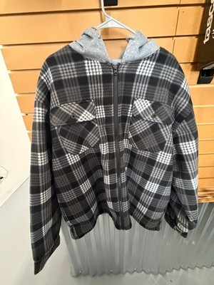 WFS Flannel Hooded Jacket Mens Large Hoodie Sherpa Lined Jacket Plaid - BLACK
