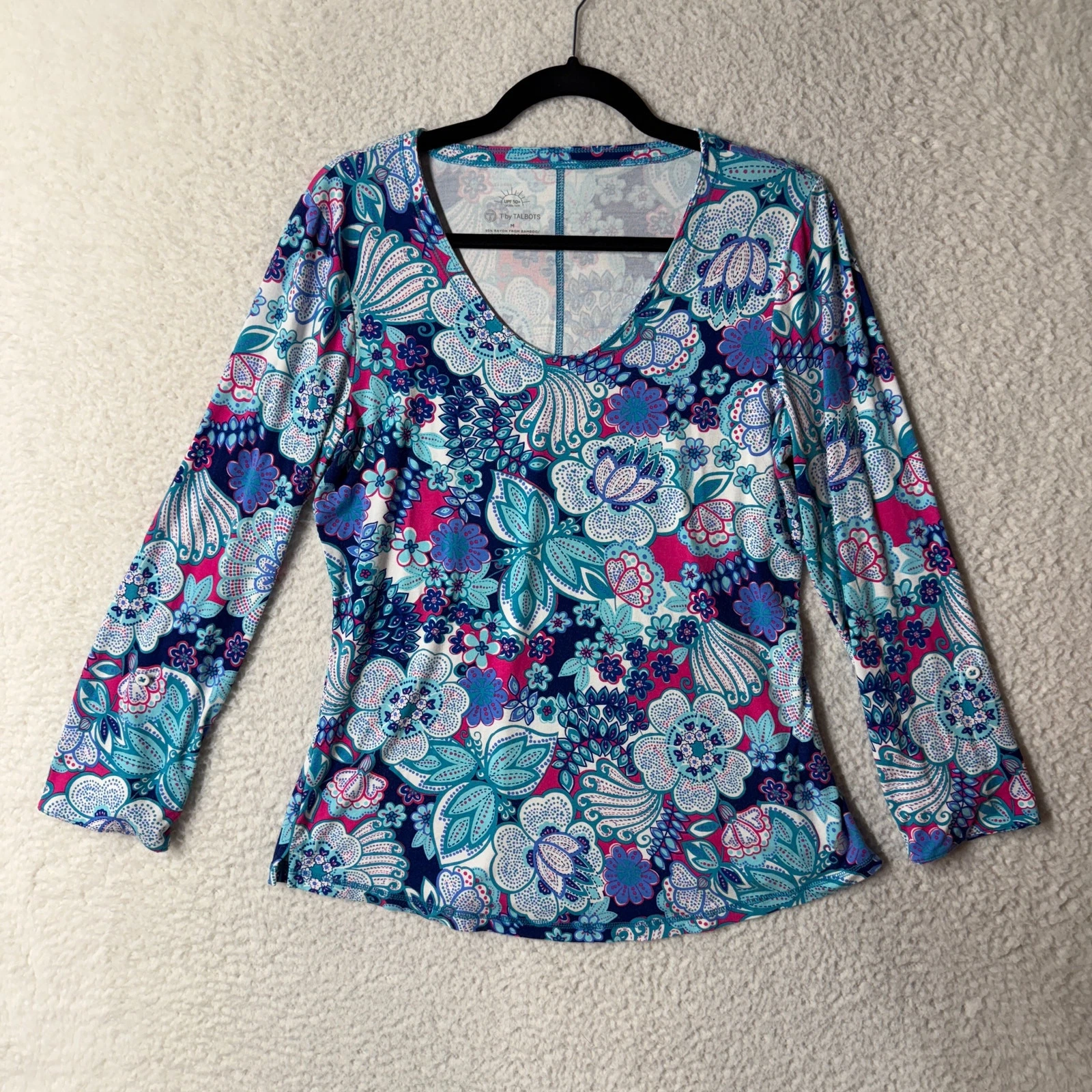 T by Talbots Womens Size M Roll Tab Top Bamboo Floral Colorful UPF Protection