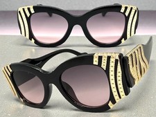 Classic Elegant Vintage Retro Cat Eye SUNGLASSES Large Thick Black  Gold Frame