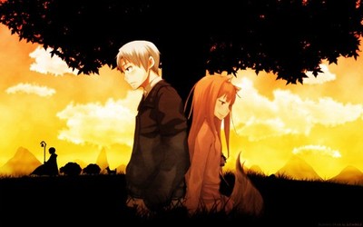 Anime spice and wolf holo silhouette trees redhead white Custom Gaming Mat Desk