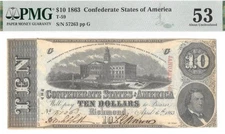 T-59 1863 $10 Confederate States of America Note PF-11 PMG AU53 Nice High Grade