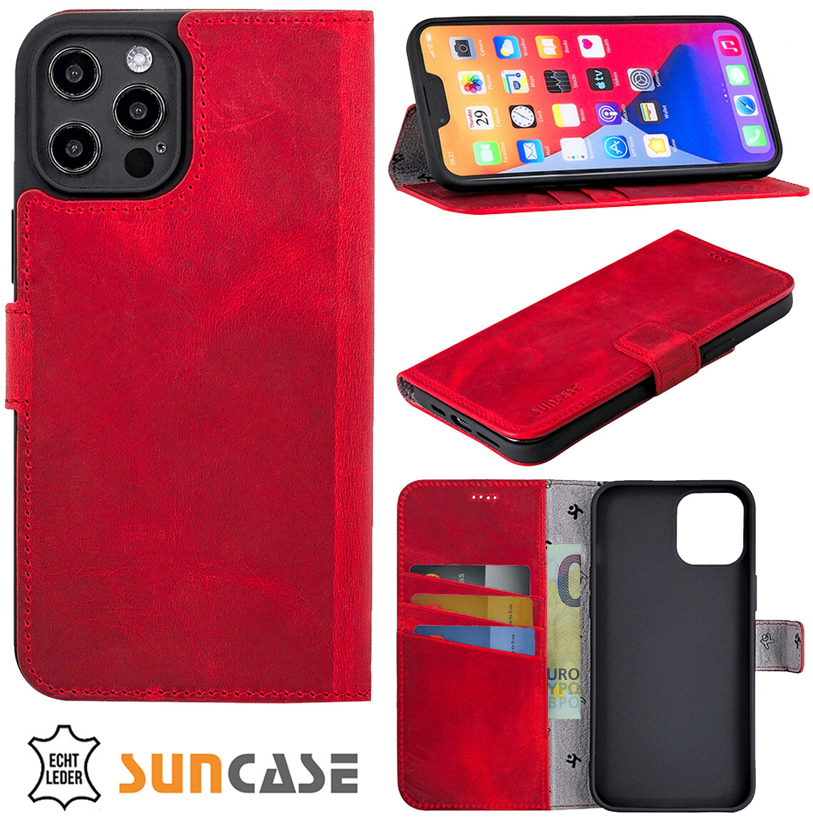 Suncase - Custodia in vera pelle, Porta Cellulari, Astuccio Cellulare per Apple iPhone SE 2020, con linguetta di estrazione e chiusura magnetica