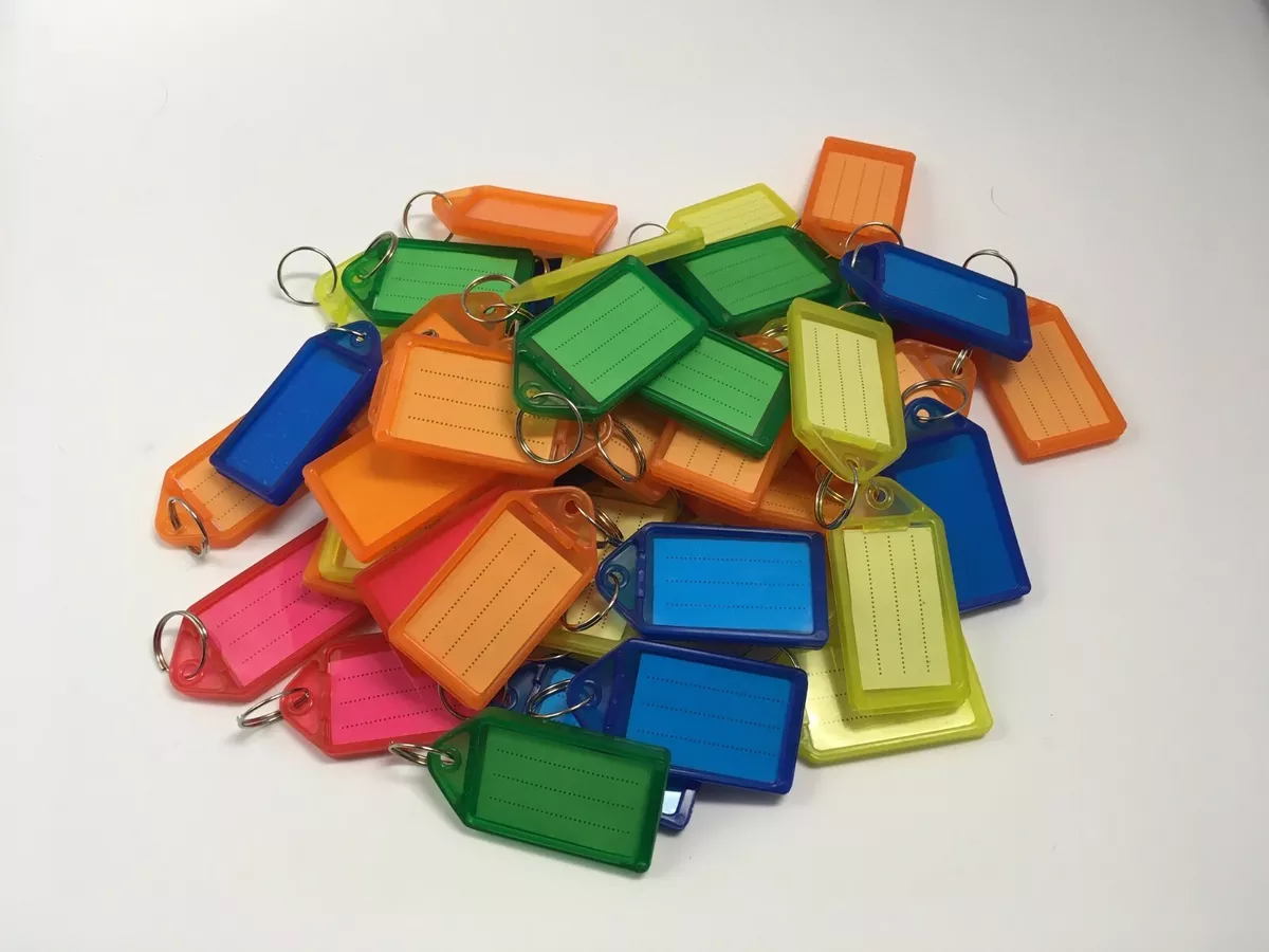 Coloured Small Plastic Key Fobs Luggage ID Tags Labels Key rings with Name  Cards