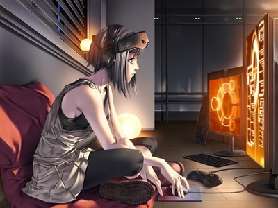 Anime  art girls computer ubuntu technology dark hair Play Gaming Mat Desk