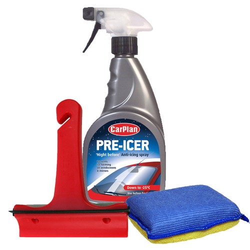 Carplan Pre De Icer Spray 500ml + 3in1 Ice Scraper Squeegee + Demist