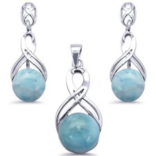 Round Natural Larimar Infinity 925 Sterling Silver Earring & Pendant Set