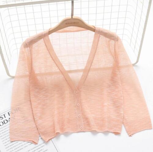 Cardigan donna maglione shrug crop top cappotto manica a 3/4 lavorato a maglia con bottoni trasparente - Foto 16 di 19