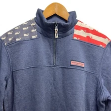 Vineyard Vines Men's Sz XS 1/4 Zip Navy Blue USA Flag Whale Pullover Sweater euc