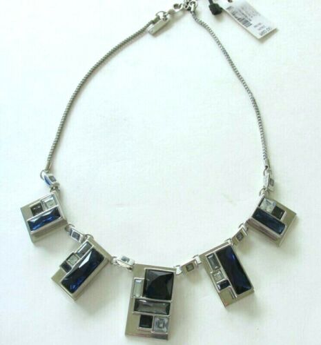 WHITE HOUSE BLACK MARKET NECKLACE  SILVER TONE WITH BLUE CLEAR RHINESTONES NWT - Picture 1 of 5