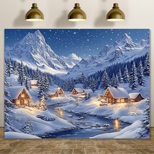 Christmas Village and Snow Forest Backdrop - 70.8x90.5inch Polyester Party Banne