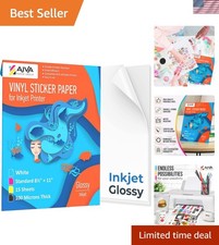 Printable Vinyl Sticker Paper for Inkjet Printer - Glossy White - 15 Self-Adh...