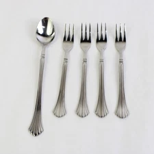 Lot of 5 Cambridge Flatware Tracy (Stainless) 4 Cocktail Forks & Iced Tea Spoon