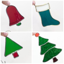 Vtg Stained Glass Christmas Suncatcher Christmas Ornament Set Tree Bell Stocking