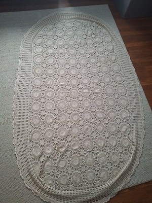 Vtg Handmade Oval Beige Crochet Medallion Table Cloth 84x51 Cottage Grandma Boho