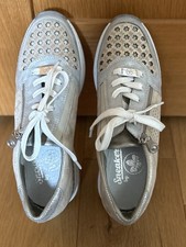 Rieker Casual Lace Up Leather Silver/Gold Heel Wedge Trainers Sneakers UK6.5EU40