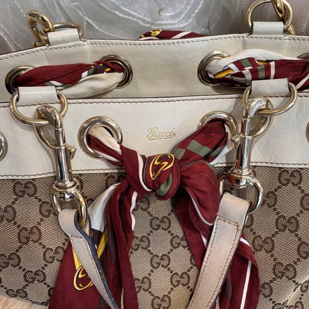 GUCCI GG Positano Tote Bag Canvas Leather Beige White Scarf Authentic VIN thumbnail 11