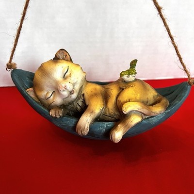 Sleeping Kitten Cat In Leaf Hammock Hanging Figurine 8  With Bird
