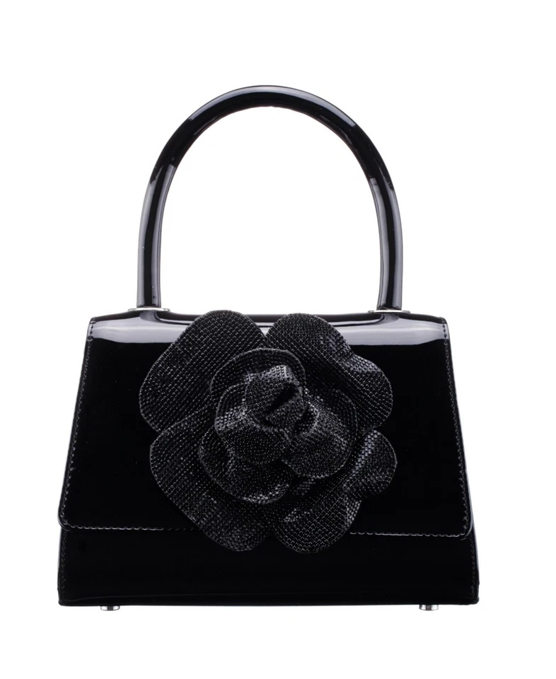 Bolso Cartera de Hombro Nina Cristal Flor Adornado Charol Negro Plata