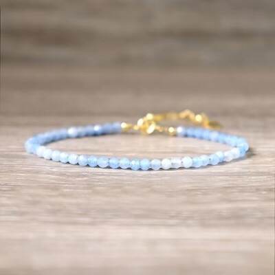 Handmade Aquamarine 3mm Faceted Beads Gemstone Bracelet Healing Reiki Gift