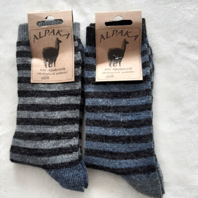 Lot De 2 Paires Chaussettes Homme Alpaga Et Laine, Rayées, Gris/bleu, 39-46, Neuves