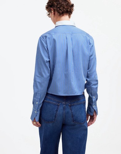 Camisa Madewell Relajada con Botones Azul Profundo Blanco Rayas Mediana Corta Elastizada - Imagen 10 de 12