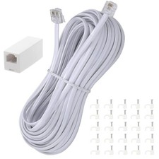 50Ft Telephone Extension Cord with RJ11 Plug Couplers and Cable Clips White