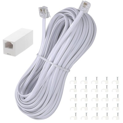 50Ft Telephone Extension Cord with RJ11 Plug Couplers and Cable Clips White