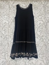 Loft Embroidered Floral Boho Lagenlook Tiered Bow Midi Dress Black White S