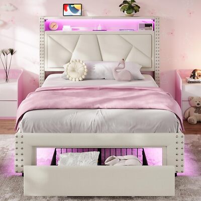 White Twin Bed Frames with LED Lights, Upholstered Platform Bed Frame Twin Size
