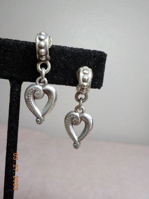BRIGHTON STERLING SILVER BEADED HALF HOOP STUD W/HEART DANGLE 1.25'' L 4.96 GM