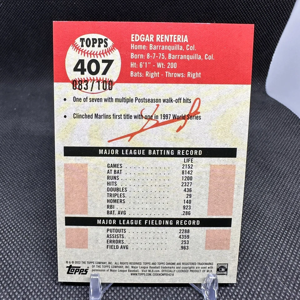 2022 Topps Chrome Platinum Edgar Renteria Red Atomic Refractor /100 #407 Marlins - Image 2 of 2