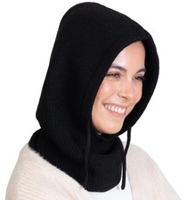 Knitted Hooded Scarf Balaclava Hood Women Winter Stylish Hat Neck Warmer Black