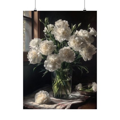 White Carnations Flower Art Print Poster, Flower Painting, Flower Décor