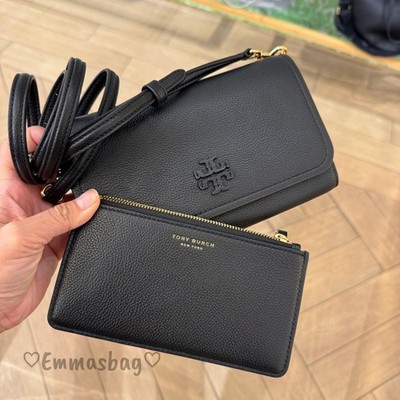 Tory Burch Thea Flat Wallet Crossbody 169971 Black $375 Pebbled