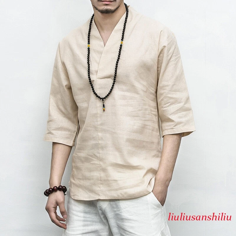 Men Cotton Linen Shirt V-neck 3/4 Sleeve T-shirt Top Kung Fu Chinese Retro Style