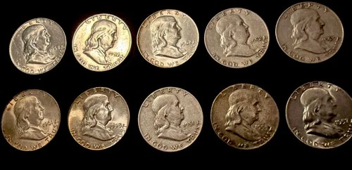( 10 ) Franklin Silver Half Dollars - Assorted Dates & Mints 90% Silver