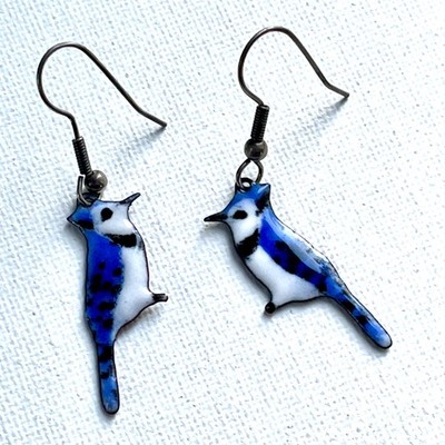 1  pierced Hook Bird Watcher Blue Jay Enamel on Copper Earrings Spring II