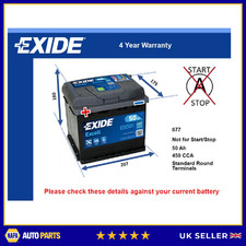 Battery fits CITROEN AMI 6 63 to 69 Exide 077 450A 50Ah 4Yr Warranty Quality New