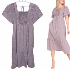 OLD NAVY Midi Dress Women's M Red White Blue Stripes Smocked Tiered Ruffle Boho