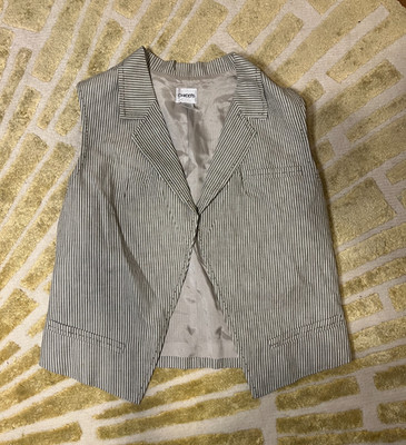 Chico's Linen Striped Vest Grey and White Size 1 Open Pre-Owned Excellent