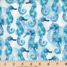 Coastal Seahorse Turquoise Digital 100 Cotton Fabric By half yd continuous cuts
