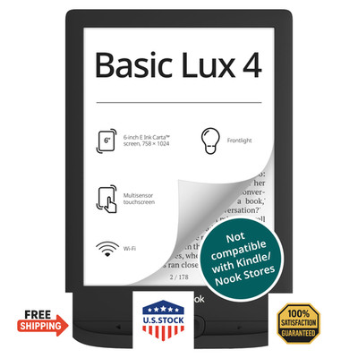 PocketBook Basic Lux 4 E-Book Reader - 6'' Glare-Free HD E-Ink Display - Frontlig