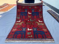 Red Vintage Afghan Animal Pictorial Rug 3x5 ft Handmade Persian Style Tribal Rug