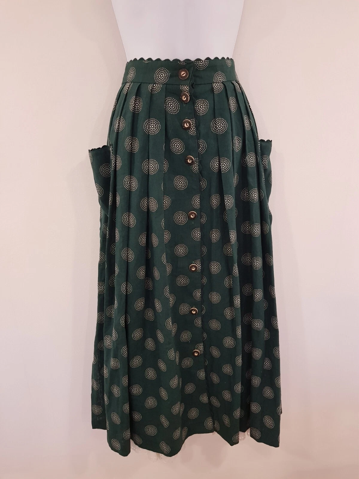 Vintage Skirt Long Green Cotton Linen Pleated Pockets Size 12 Quality Button
